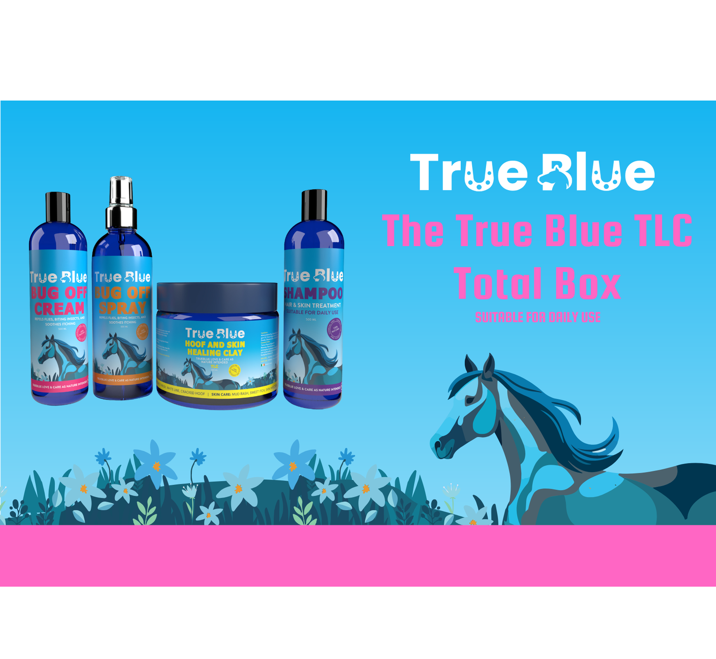 The True Blue TLC Total Box: 1x Clay (250g), 1x Shampoo (300ml), 1x Bug Off Spray (250ml), 1x Bug Off Cream (250g)